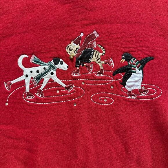 Holiday Editions Red Christmas Sweatshirt XL – Ice Skating Dog, Cat & Penguin - Picture 3 of 8
